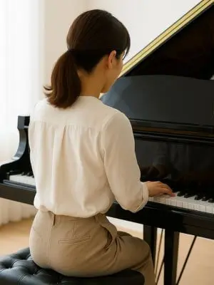 N piano music schoolの大人ピアノレッスン風景。グランドピアノに向かう大人の女性、落ち着いた雰囲気の中で学ぶ様子が伝わる写真。