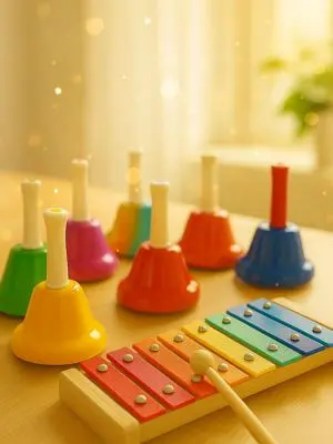 N piano music schoolの音楽総合コースで使われるカラフルな楽器。リトミックや育脳要素を取り入れた幼児音楽教育の象徴的な光景。