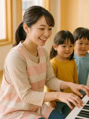 N piano music schoolの保育士資格対策コースで、子どもたちと楽しくピアノに取り組む女性講師の様子。保育現場を想定した温かい雰囲気のレッスン風景。